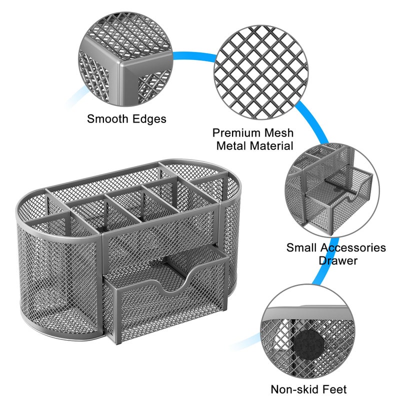 EasyPAG Mesh Pen Holder Desk Organizer with Drawer Stationery Supplies Organizer for Dorm School 9 Compartments Workspace Desk Accessories Organization for Office, Silver - Image 4